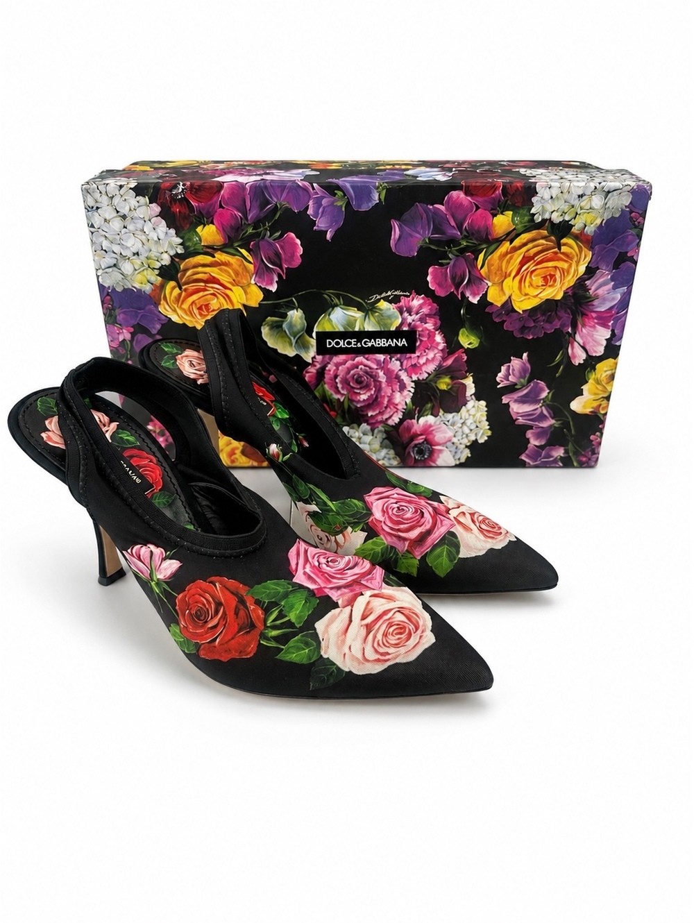 Dolce & Gabbana Rose Floral Jersey Slingback Pump Black EU 39.5 US 9.5 | NIB